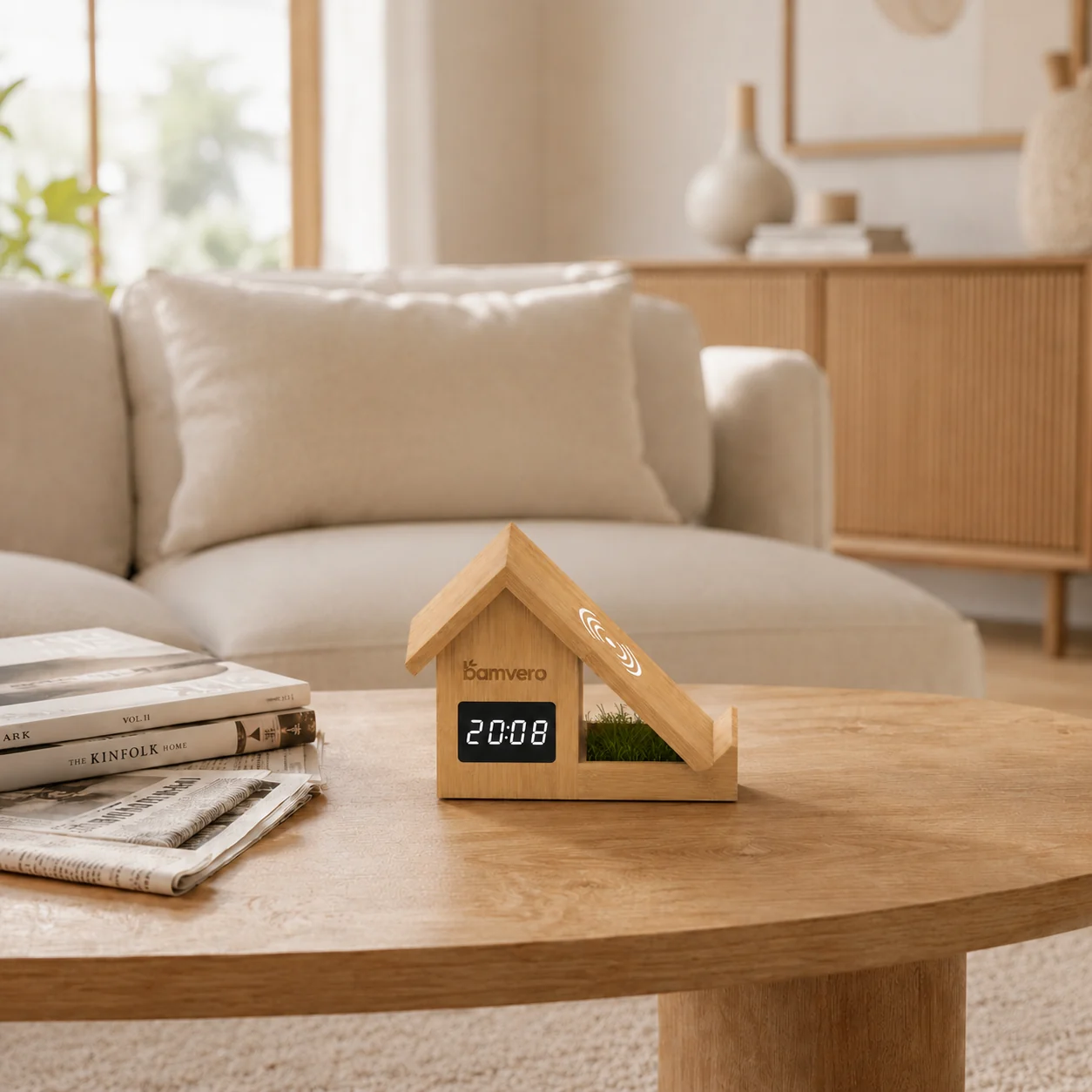Bamboo wireless charging clock used on a bedside table