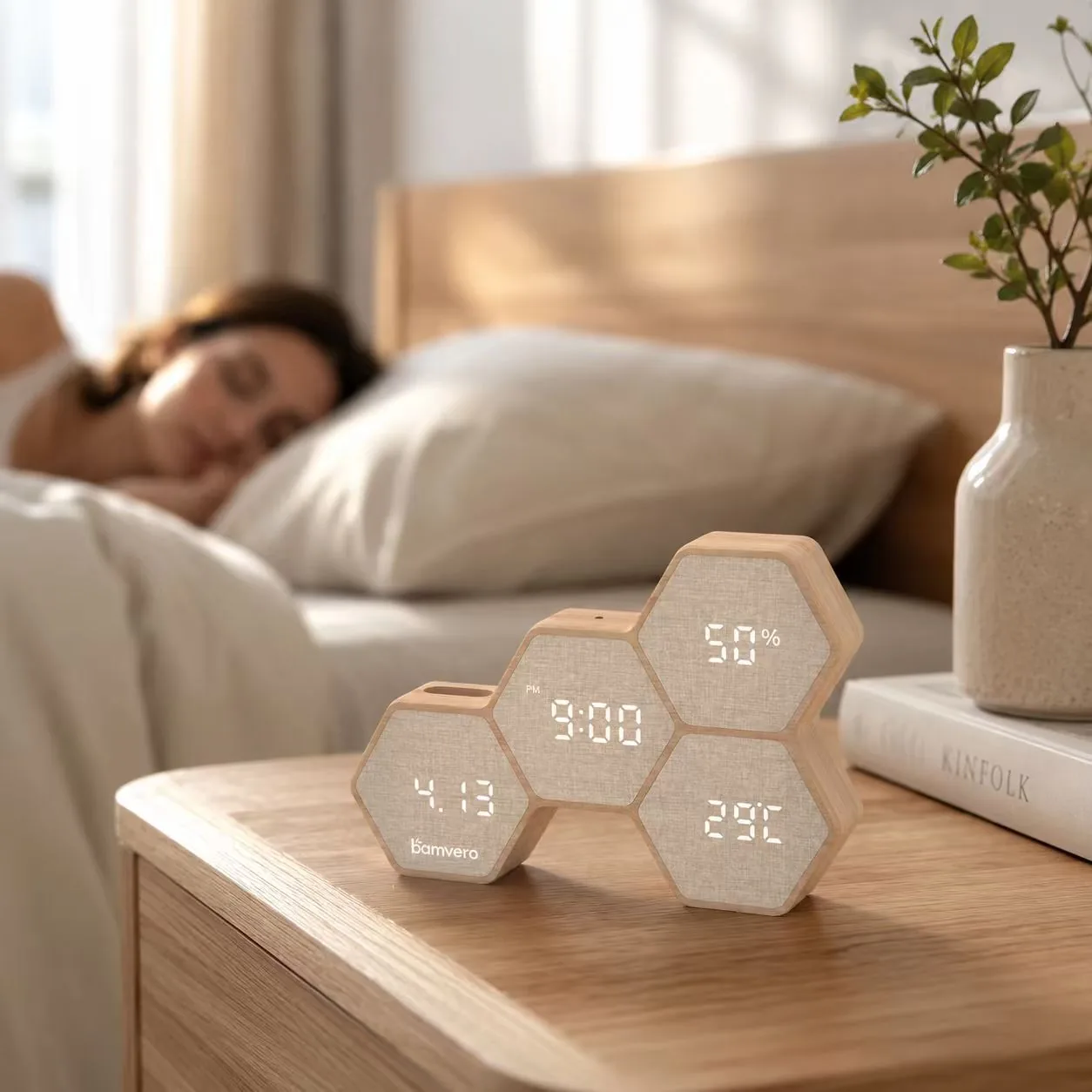 Bamboo geometric LED clock in a warm office decor setting