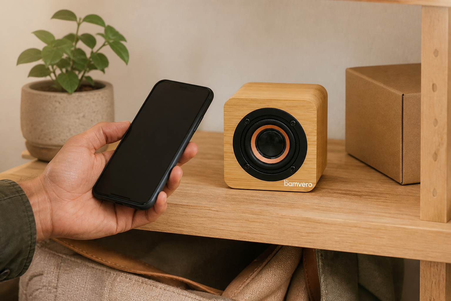 Shopper holding a phone beside a Y103N bamboo Bluetooth speaker clock on a lifestyle-store demonstration shelf