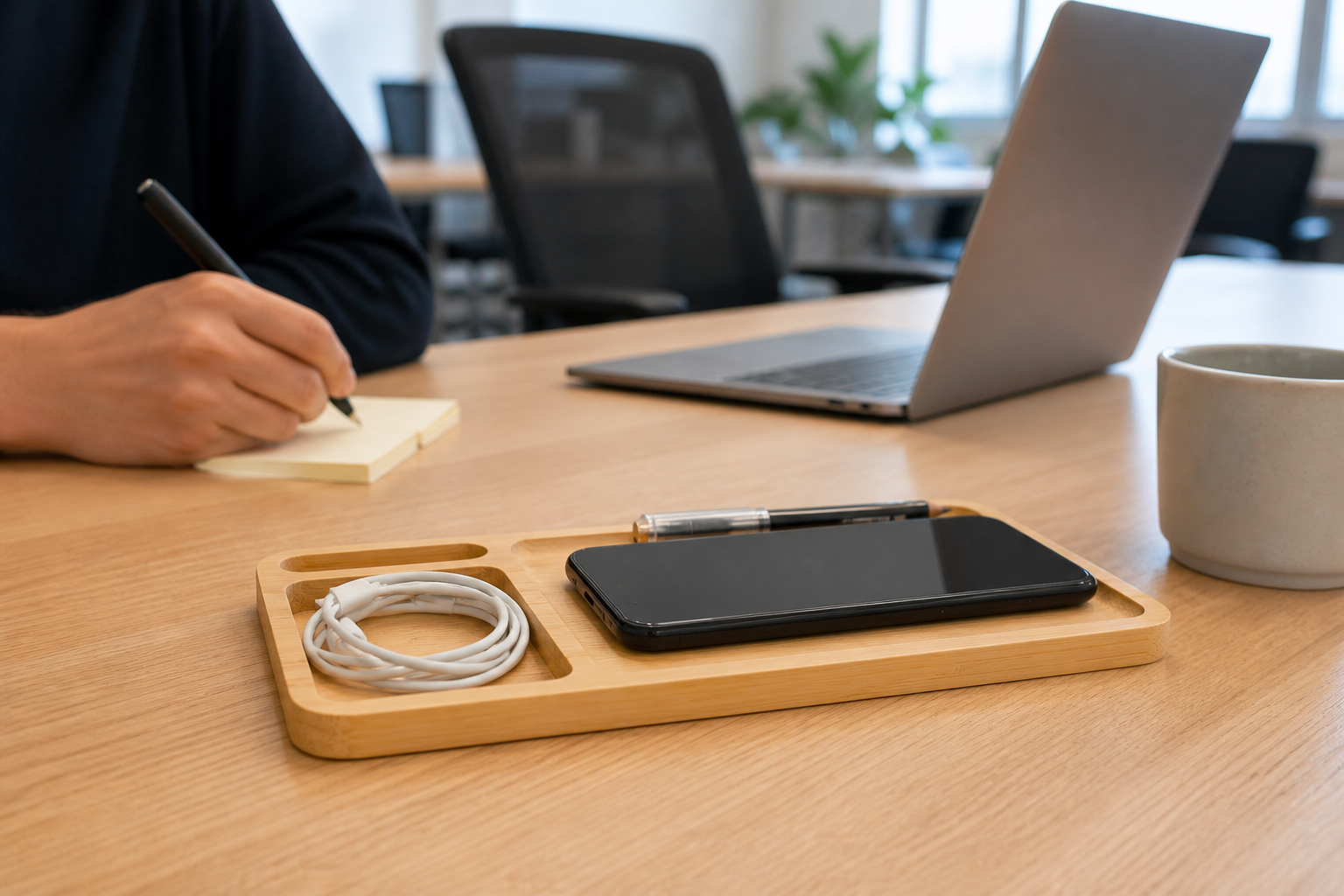 共有オフィスの机でスマートフォン、ケーブル、ペンを収納した一台のW119竹製充電オーガナイザー