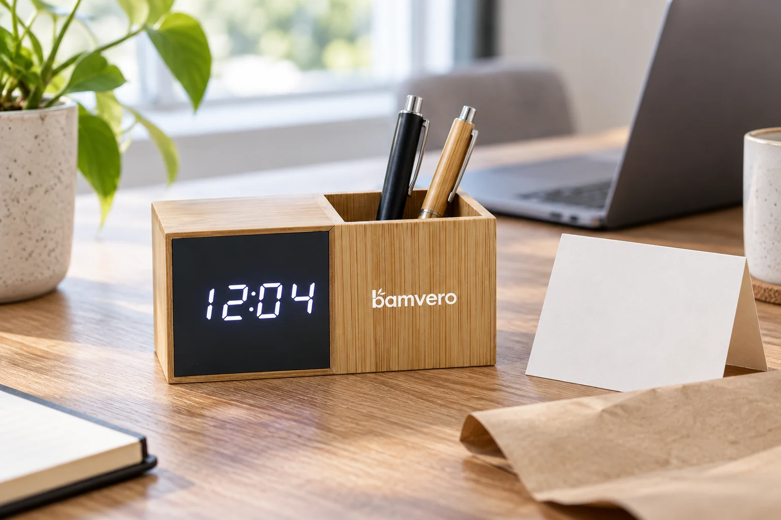 1293Z-style bamboo pen holder clock beside a blank thank-you card on a work desk, AI concept