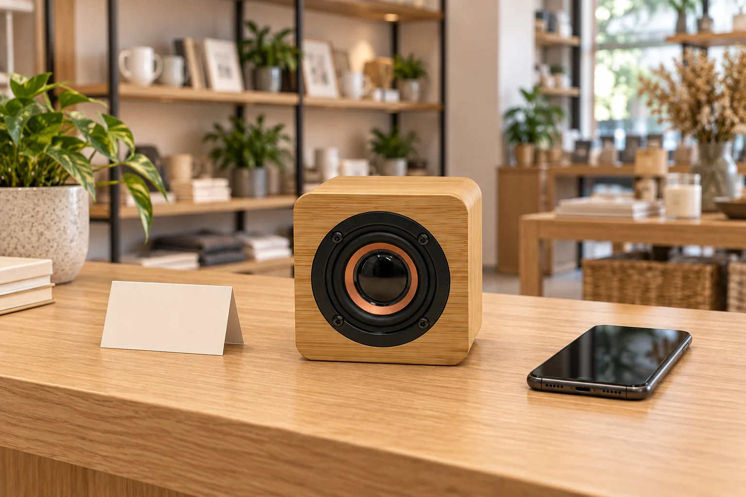 Bamboo cube speaker on a shop listening counter with a blank card and separate phone, AI concept