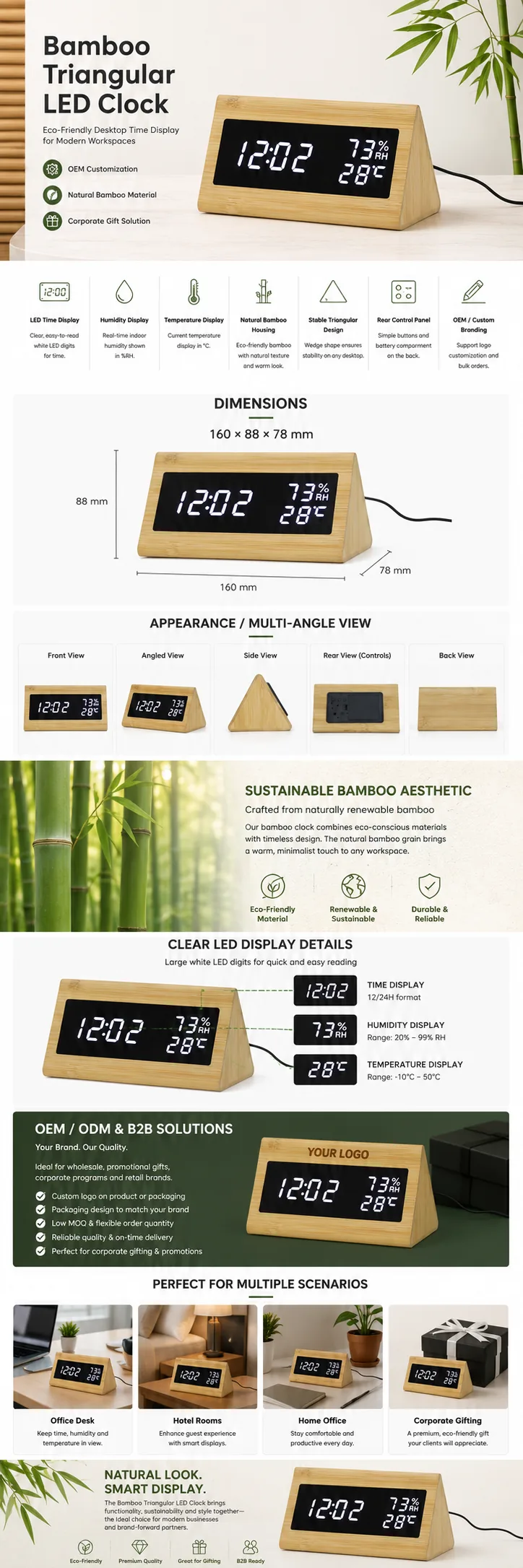 1502 Bamboo Triangular LED Clock OEM detail view