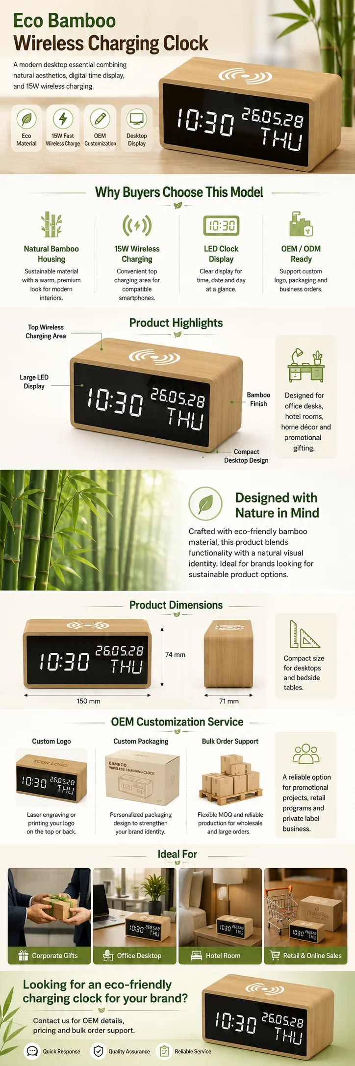 1609 Eco Bamboo Wireless Charging Clock OEM detail view