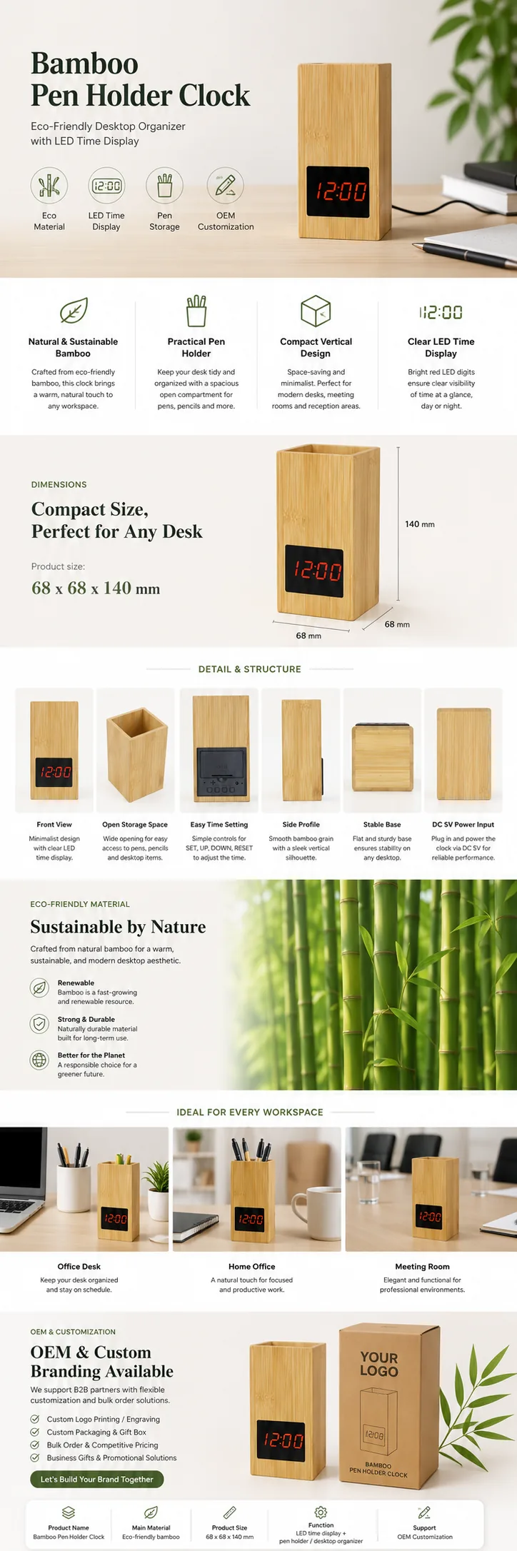 2020S Bamboo Vertical Pen Holder Clock OEM detail view