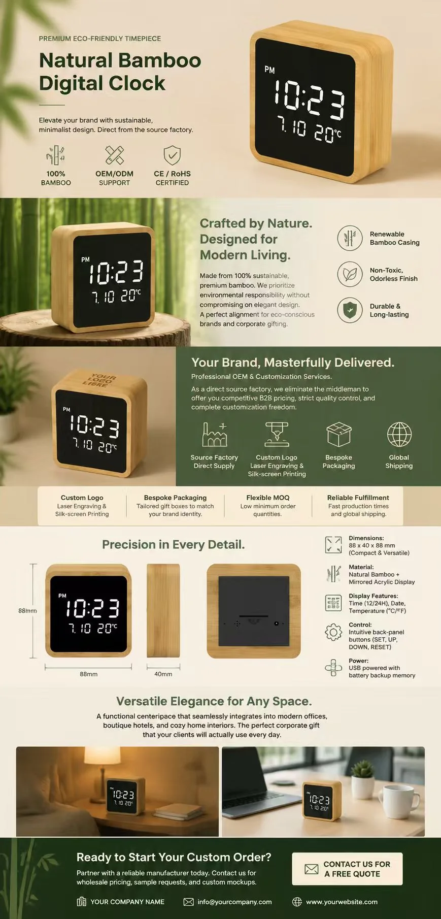 2101 Compact Bamboo Mirror LED Clock OEM detail view