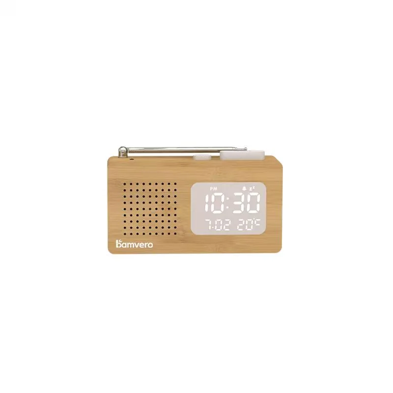 2605 Compact Bamboo Radio Alarm Clock front view for B2B sourcing