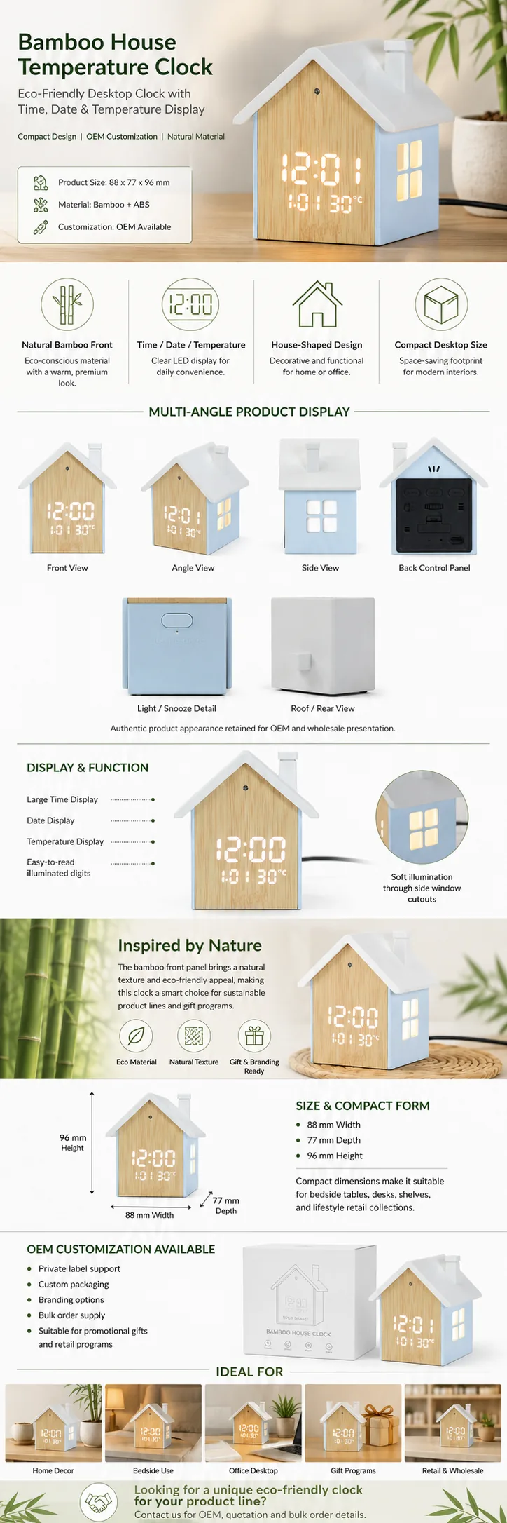 3012F Bamboo House Temperature Clock OEM detail view