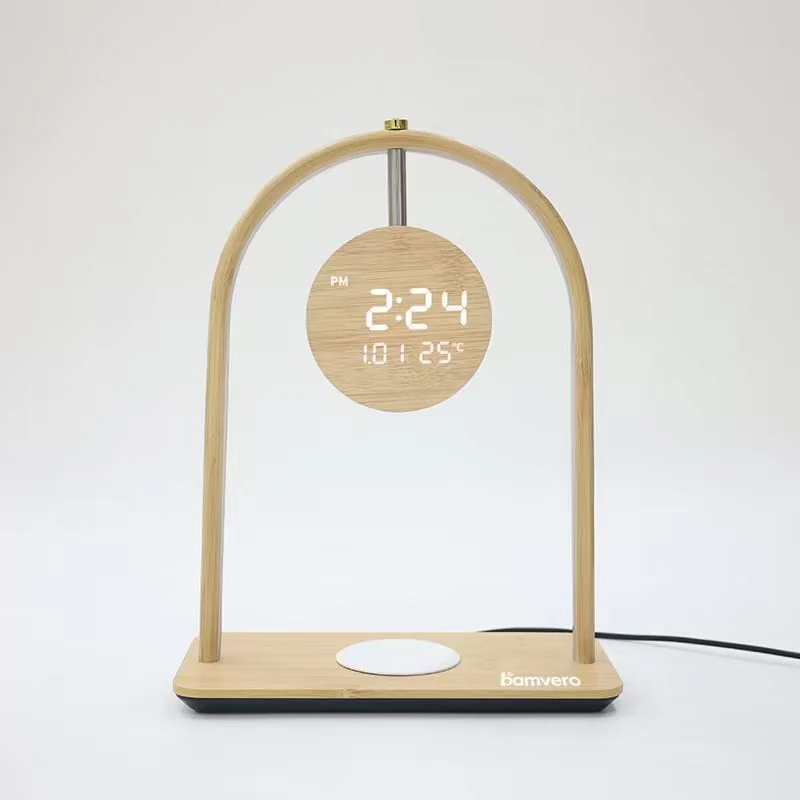 Arch bamboo wireless charging bedside clock for hotel projects