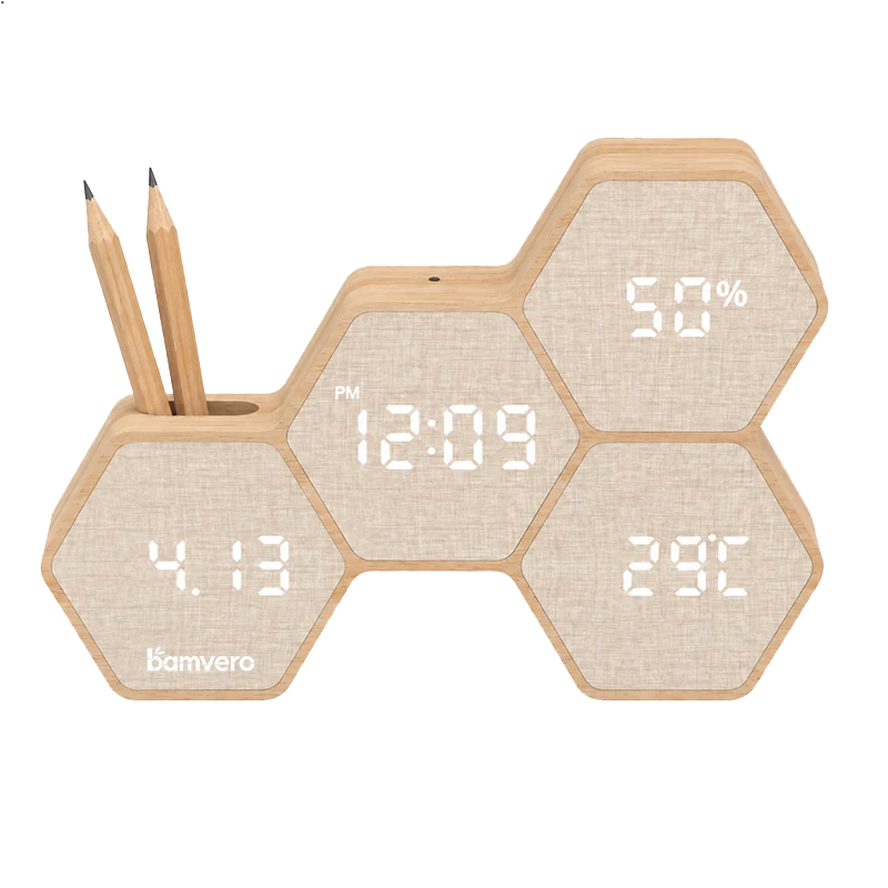 G268 Bamboo Geometric LED Clock product view for B2B sourcing