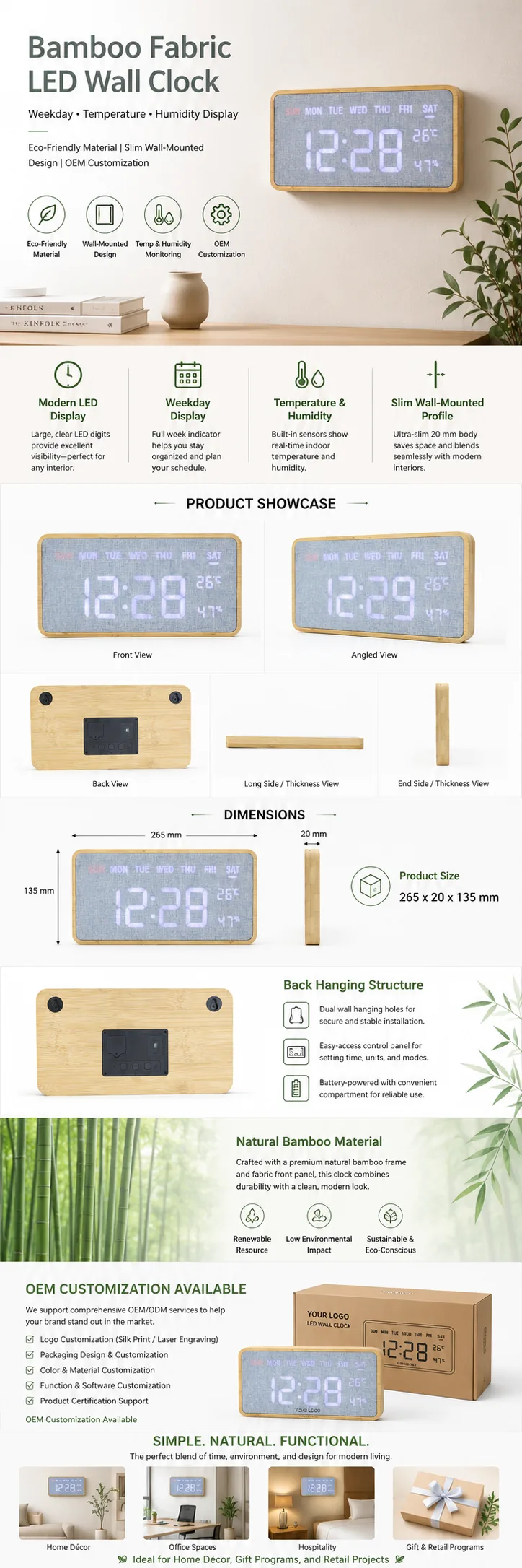G290 Rectangular Bamboo Fabric Wall Clock OEM detail view