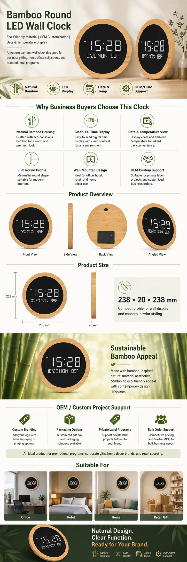 G292B Bamboo Round LED Wall Clock OEM detail view