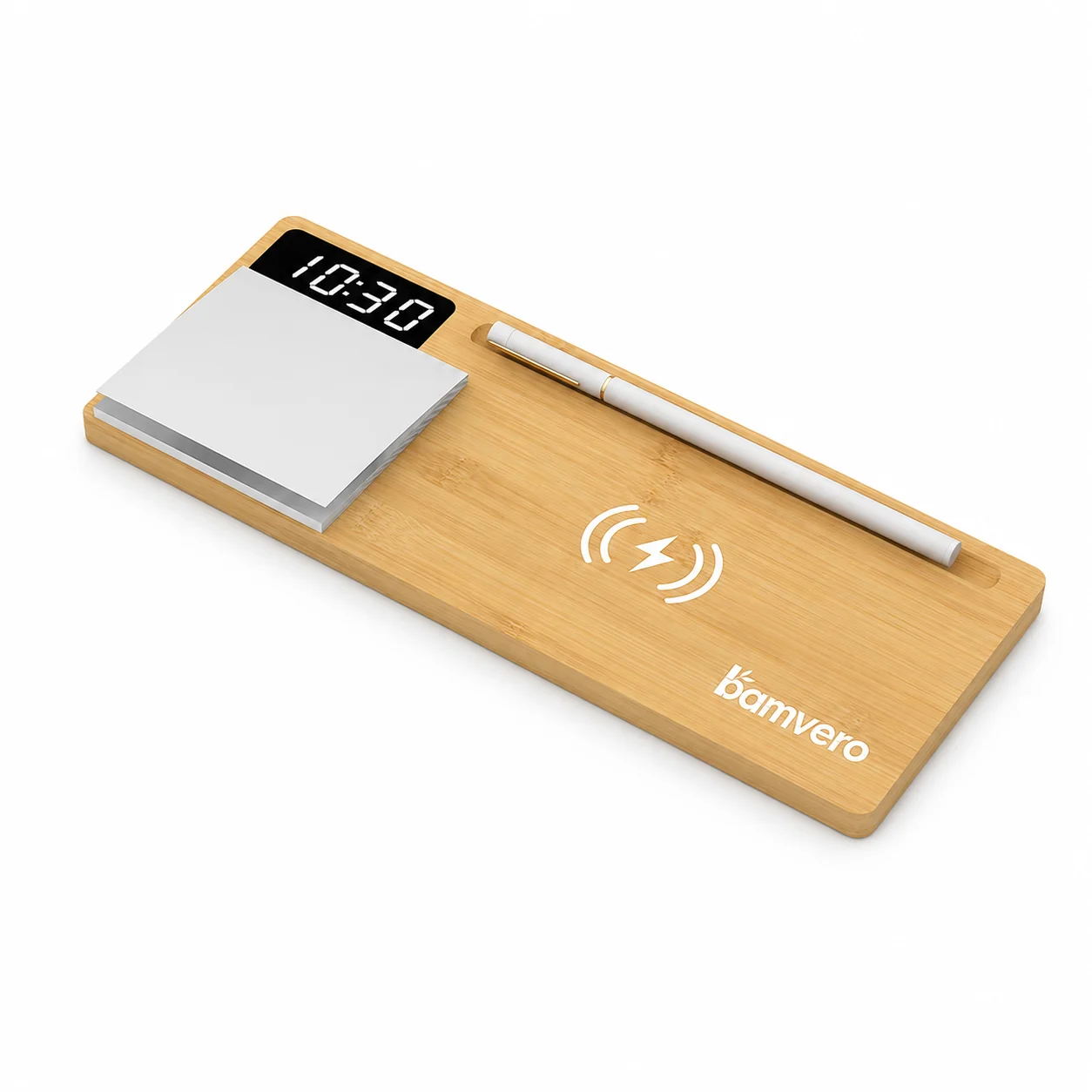 W110A Bamboo Wireless Charging Clock Desk Organizer thumbnail 2