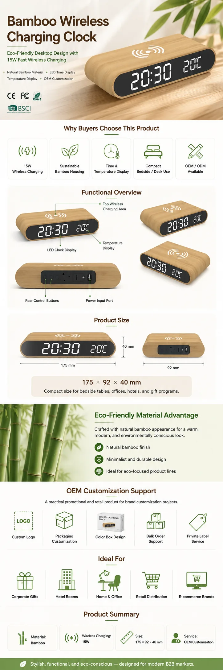 W111 Bamboo Wireless Charging Clock OEM detail view
