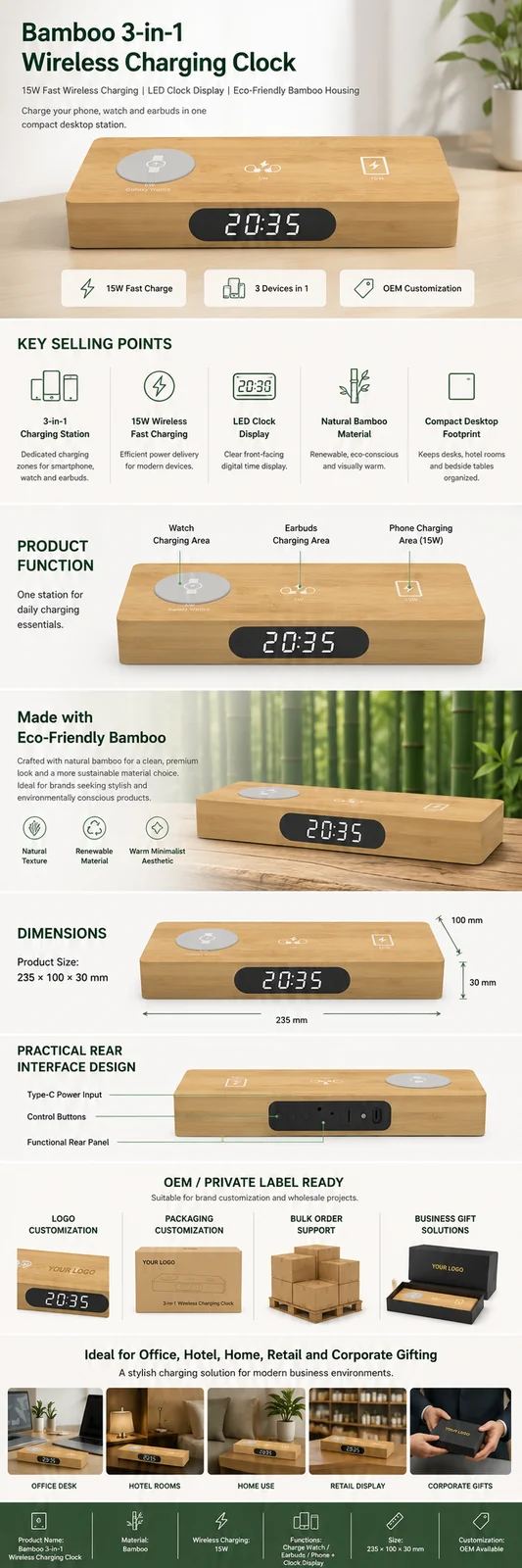 W120 Bamboo 3-in-1 Wireless Charging Clock OEM detail view