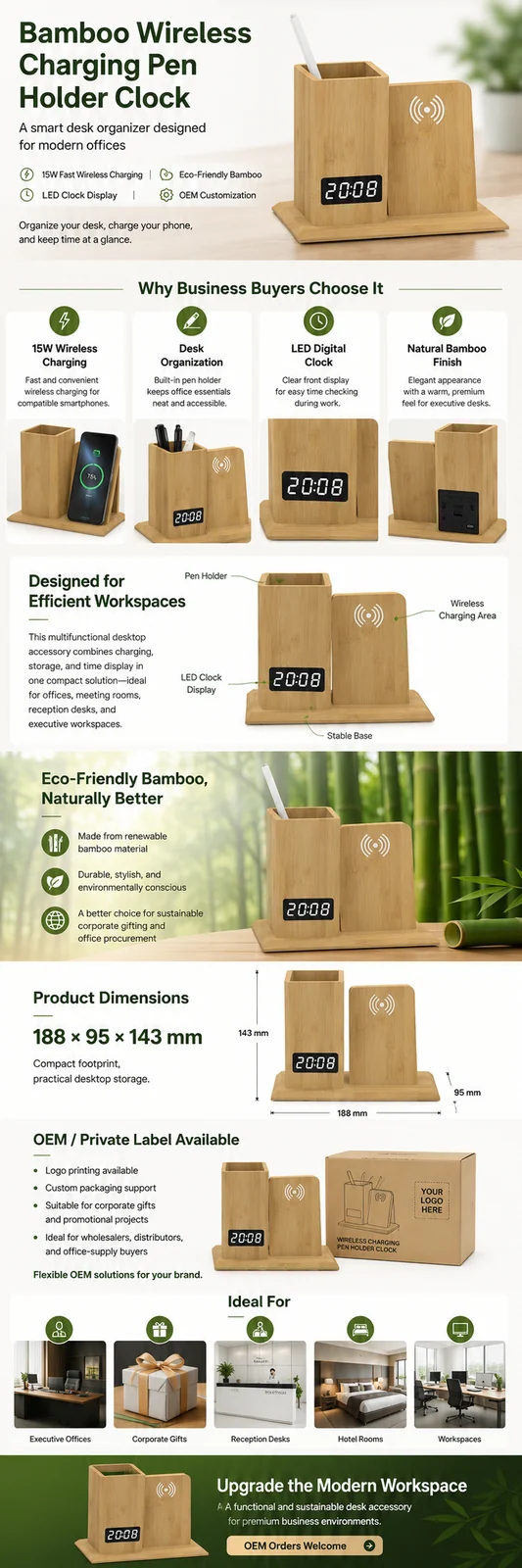 W125 Bamboo Wireless Charging Pen Holder Clock OEM detail view