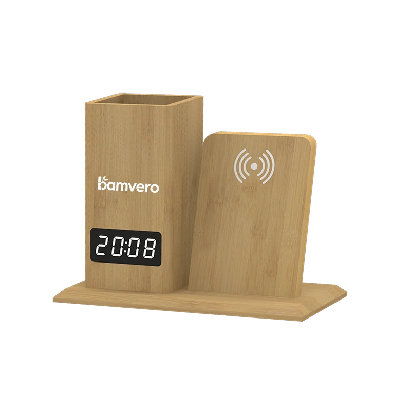 W125 Bamboo Wireless Charging Pen Holder Clock thumbnail 4