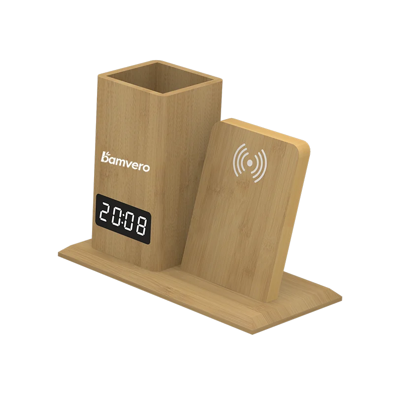 W125 Bamboo Wireless Charging Pen Holder Clock thumbnail 5